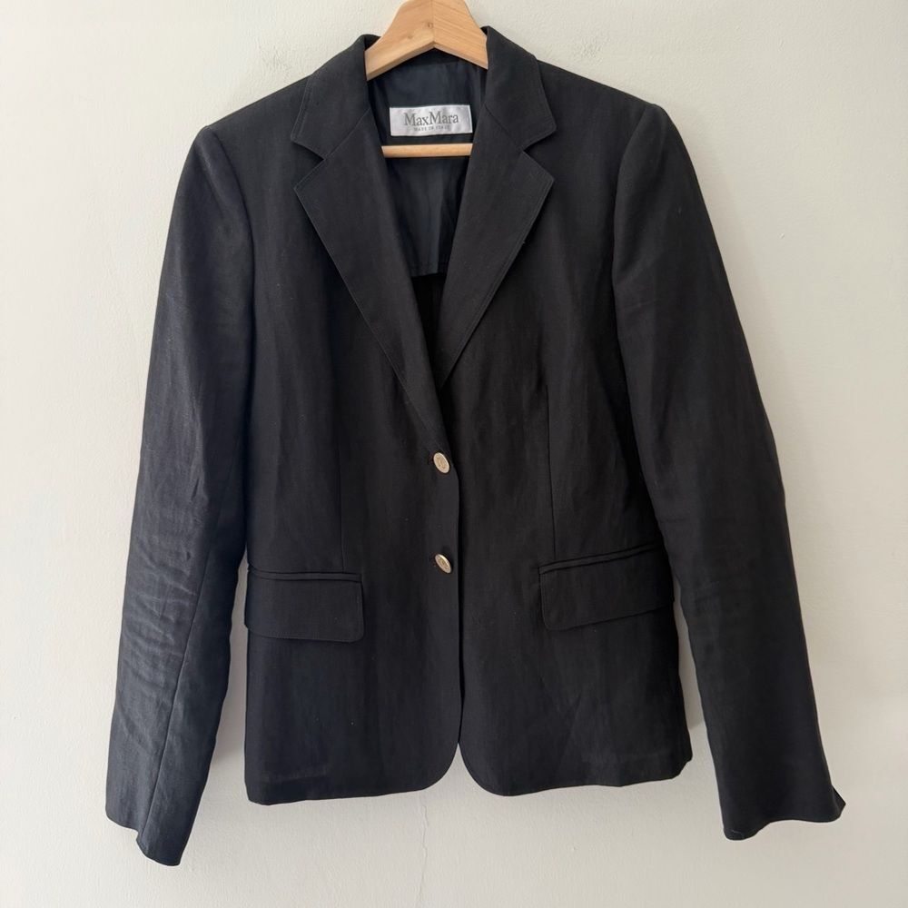 Max Mara Linen Blazer Black Gold Buttons Size 88 Classic Luxury Nautical Capsule